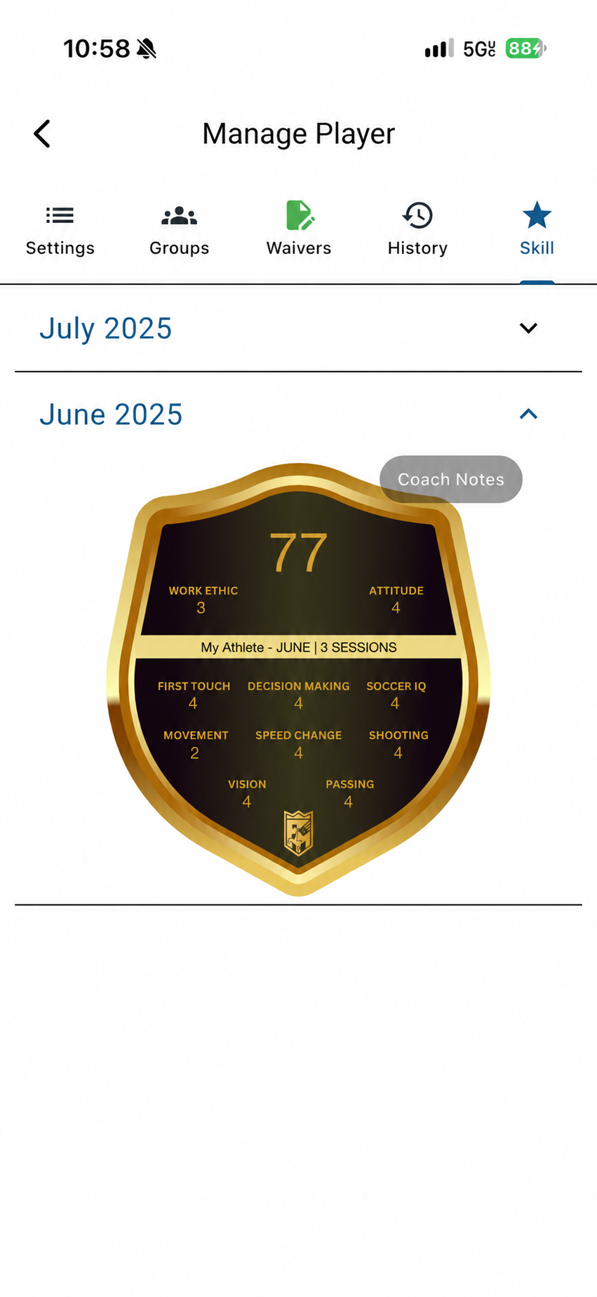 Example of the FM Elite app Skill tab: a monthly assessment for My Athlete with ten skill scores and a Coach Notes button.
